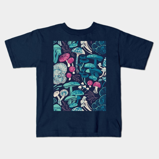 Mystical fungi // midnight blue background mint teal and dark pink wild mushrooms Kids T-Shirt by SelmaCardoso